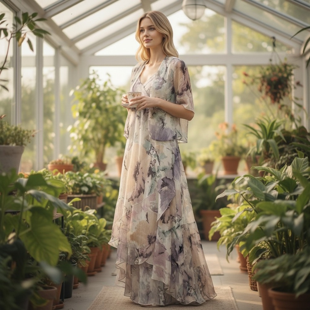R&M Collection Blue Lavender Floral Maxi Dress Jacket Set 14 7763J NEW
